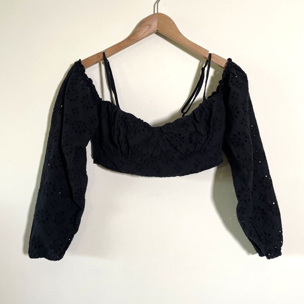 Bershka Womens Black Eyelet Off The Shoulder Crop Top M Cotton Adjustable Straps